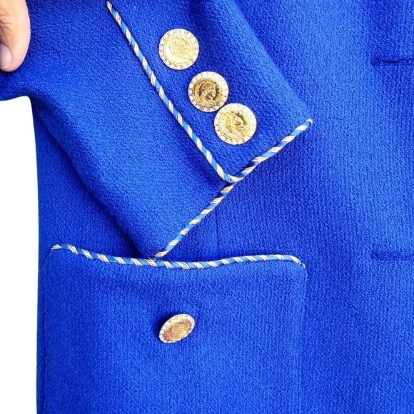 Vintage 80s Electric Blue Wool Power Skirt Suit L XL Rhinestone Buttons - Picture 3 of 13